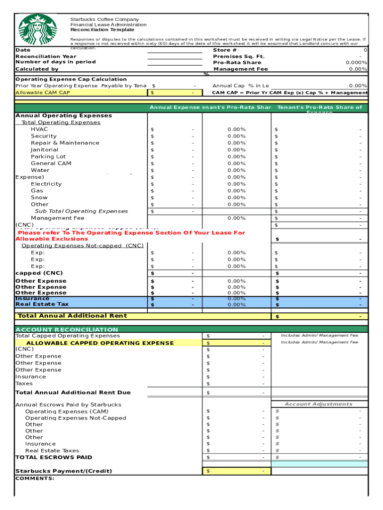 Starbucks Financial Lease Reconciliation Template Preview on Page 1