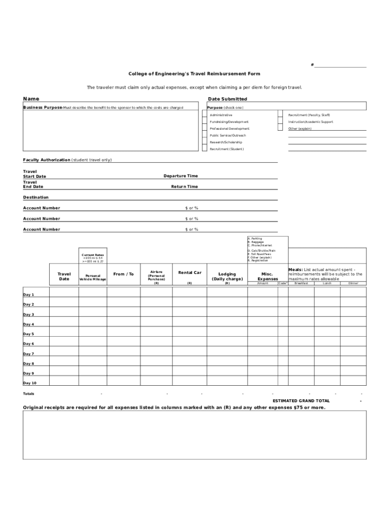 Fillable Online College of Engineering's Travel Reimbursement Form Fax