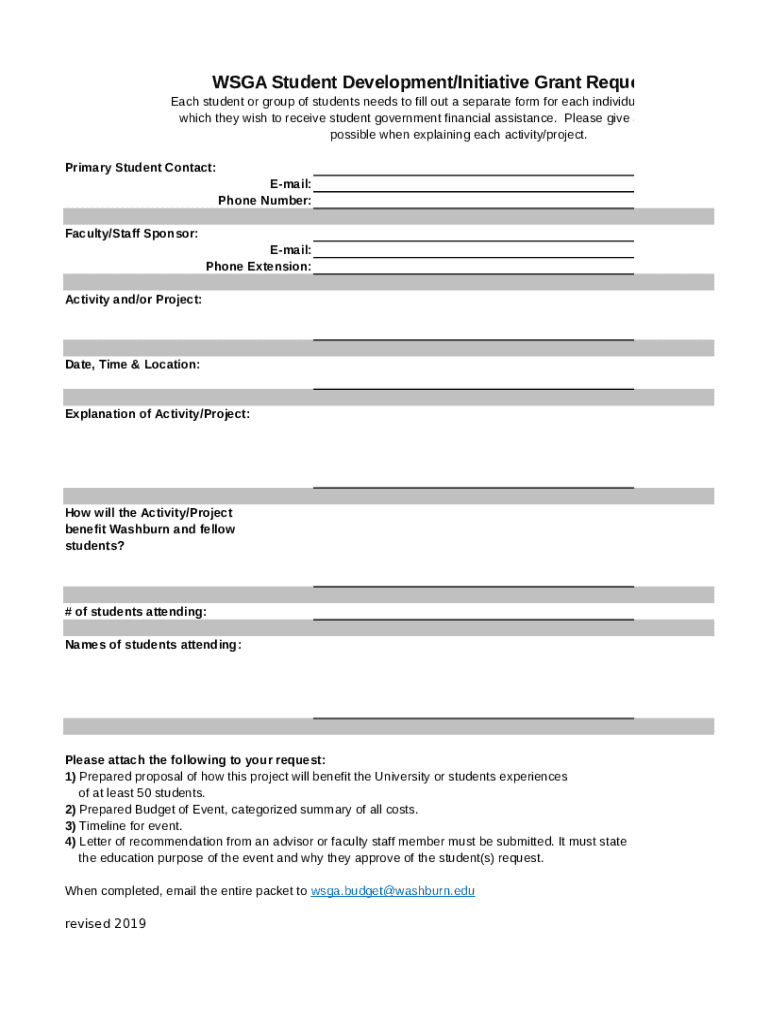 Fillable Online ktwu washburn WSGA Student Development/Initiative Grant