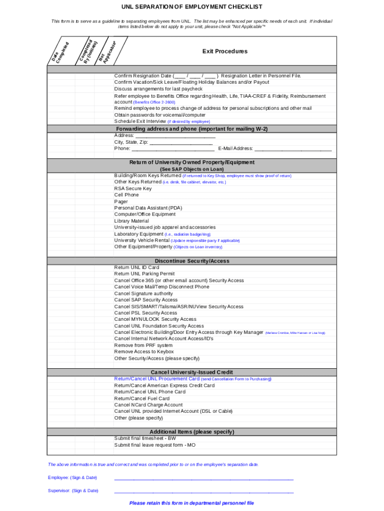 Fillable Online its unl This form is to serve as a guideline to separating  employees from UNL Fax Email Print - pdfFiller