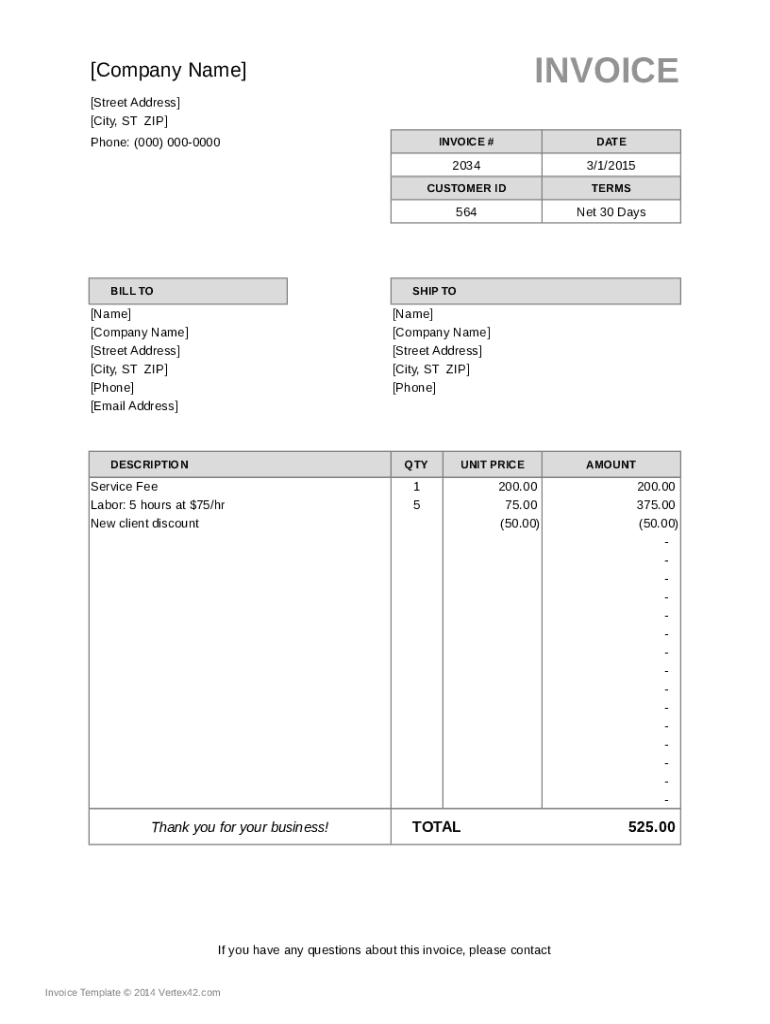 Fillable Online Invoice Template 2014 Vertex42 Fax Email Print pdfFiller