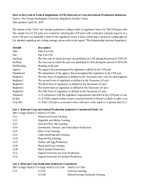The dataset in the "Data" tab contains qualitative coding results of regulatory forms for 709 CFR parts relevant to crops and ani
