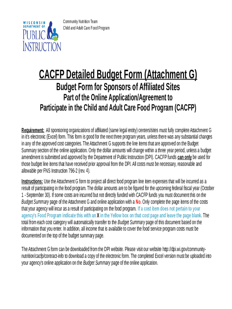 Fillable Online dpi wi CACFP Detailed Budget Form (Attachment G) Fax