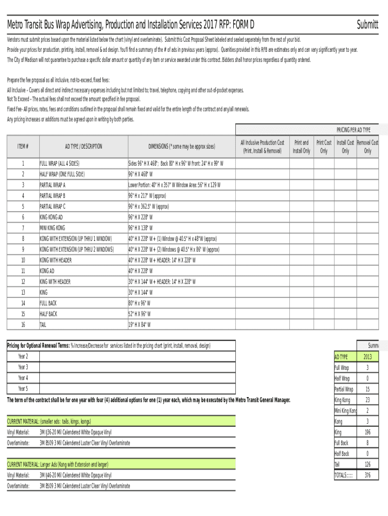 Fillable Online Addendum 1-Form D-Cost Proposal - Excel Spreadsheet ...