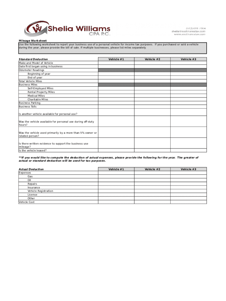 Fillable Online Mileage Worksheet Fax Email Print - pdfFiller