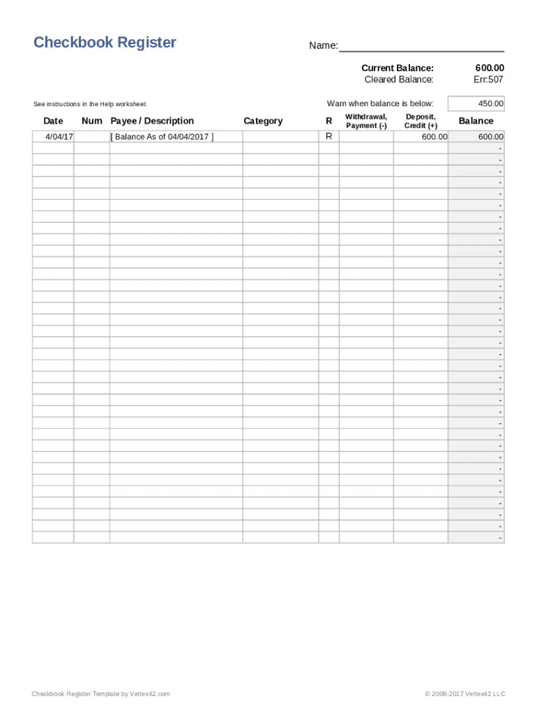 Fillable Online Checkbook Register Template Fax Email Print pdfFiller