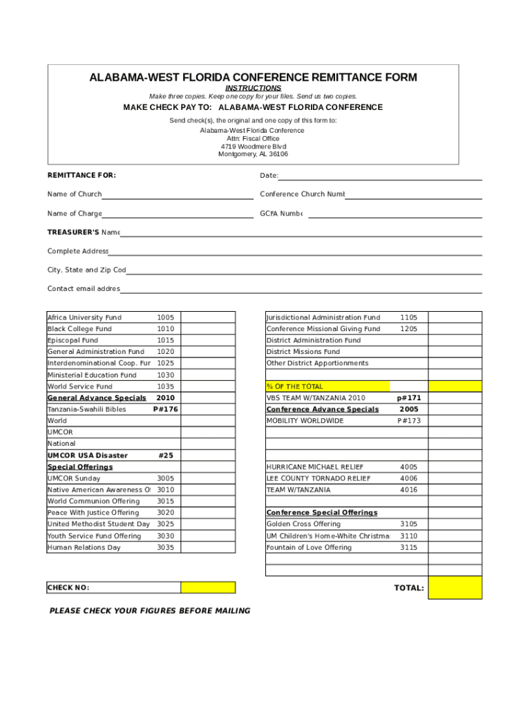 Fillable Online ALABAMAWEST FLORIDA CONFERENCE REMITTANCE FORM Fax