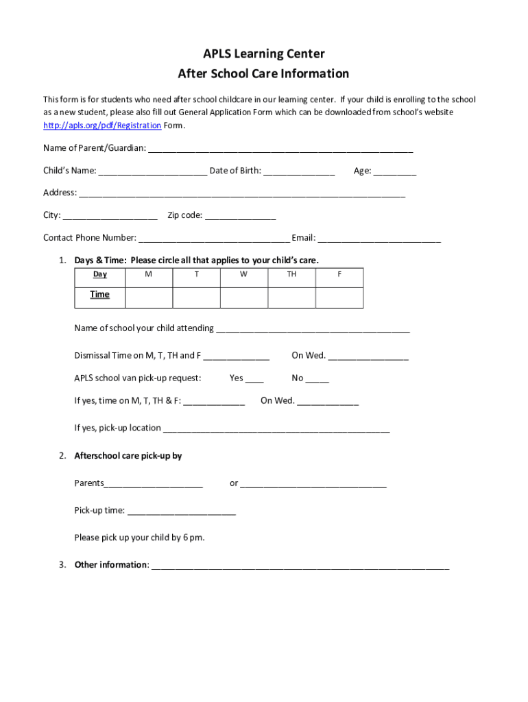 Fillable Online Afterschool Care request form Fax Email Print - pdfFiller