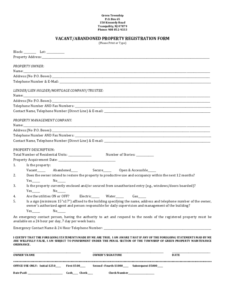 Fillable Online Vacant and Abandoned Property Registration Form Fax