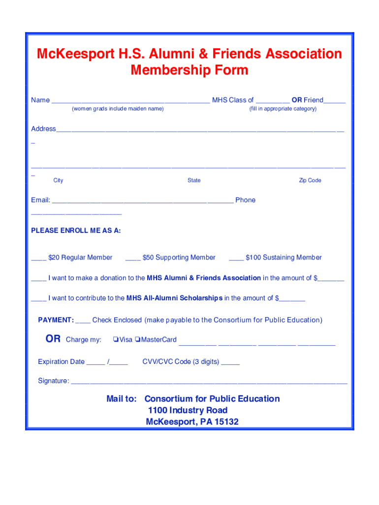 Fillable Online McKeesport H.S. Alumni & Friends Association Membership