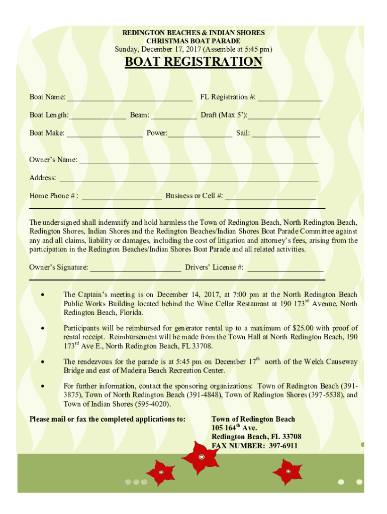 Fillable Online BOAT REGISTRATION - Town of Redington Shores Fax Email ...