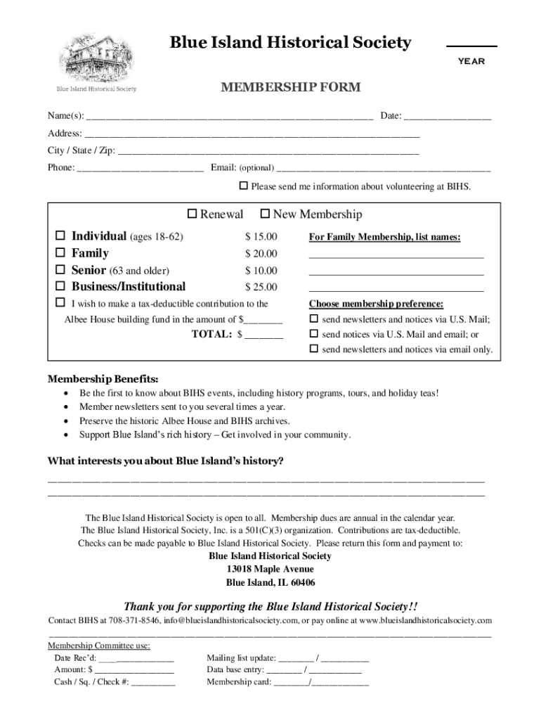 Fillable Online Blue Island Historical Society Blue Island, Illinois