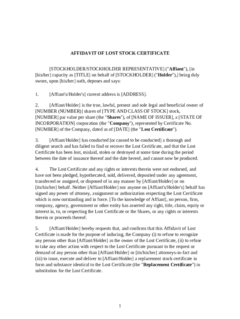 Affidavit for Lost, Stolen, Destroyed Stock Certificate Preview on Page 1