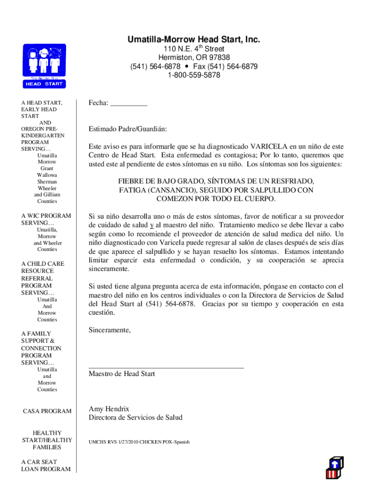 Chicken Pox - Spanish on Letterhead doc Preview on Page 1