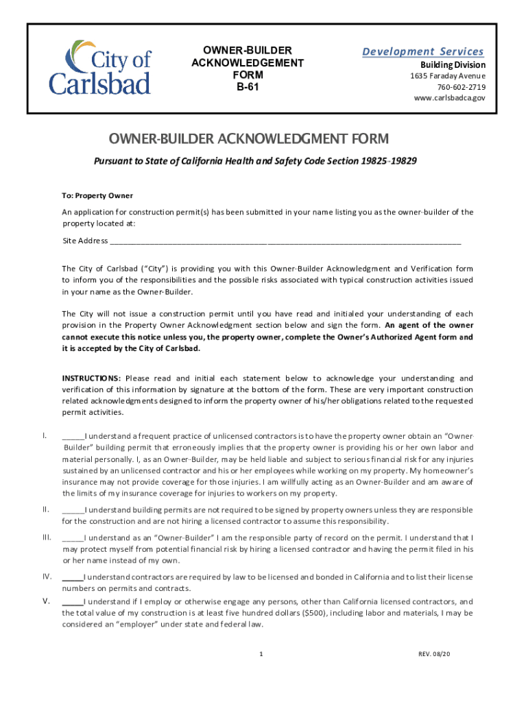 Fillable Online B61 OwnerBuilder Acknowledgement Form City of