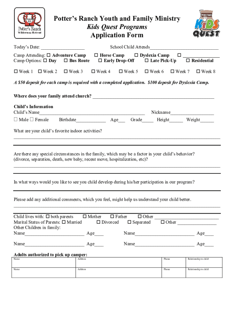 Fillable Online Kids Quest Application Potter's Ranch Fax Email Print