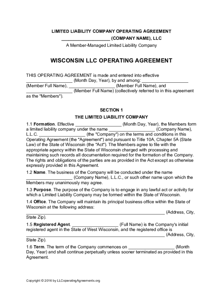 Wisconsin LLC Multi-Member Operating Agreement Template Preview on Page 1