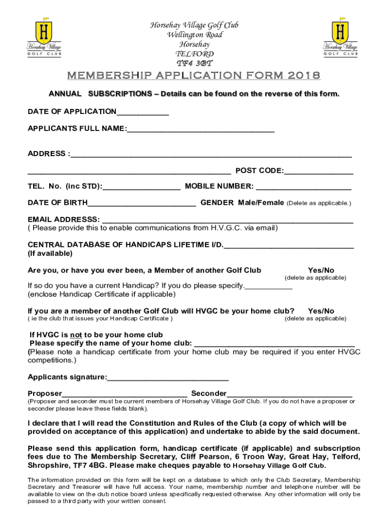 Fillable Online Horsehay Golf and Fitness Centre Telford and Wrekin