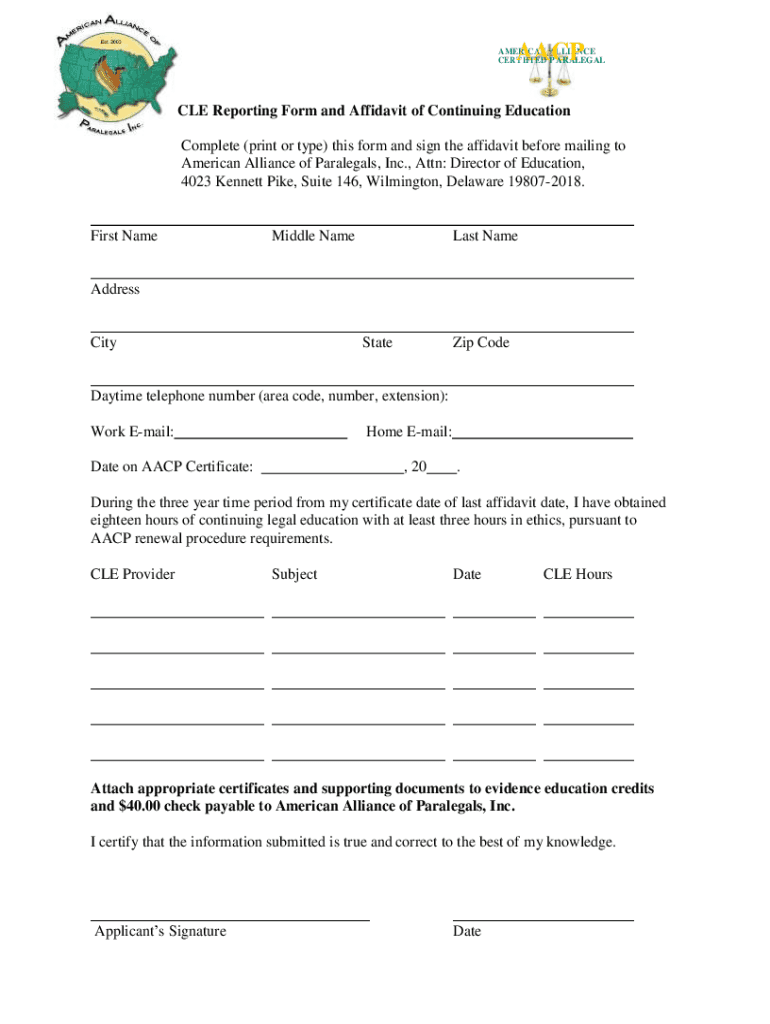 Fillable Online CLE Reporting Form American Alliance of Paralegals