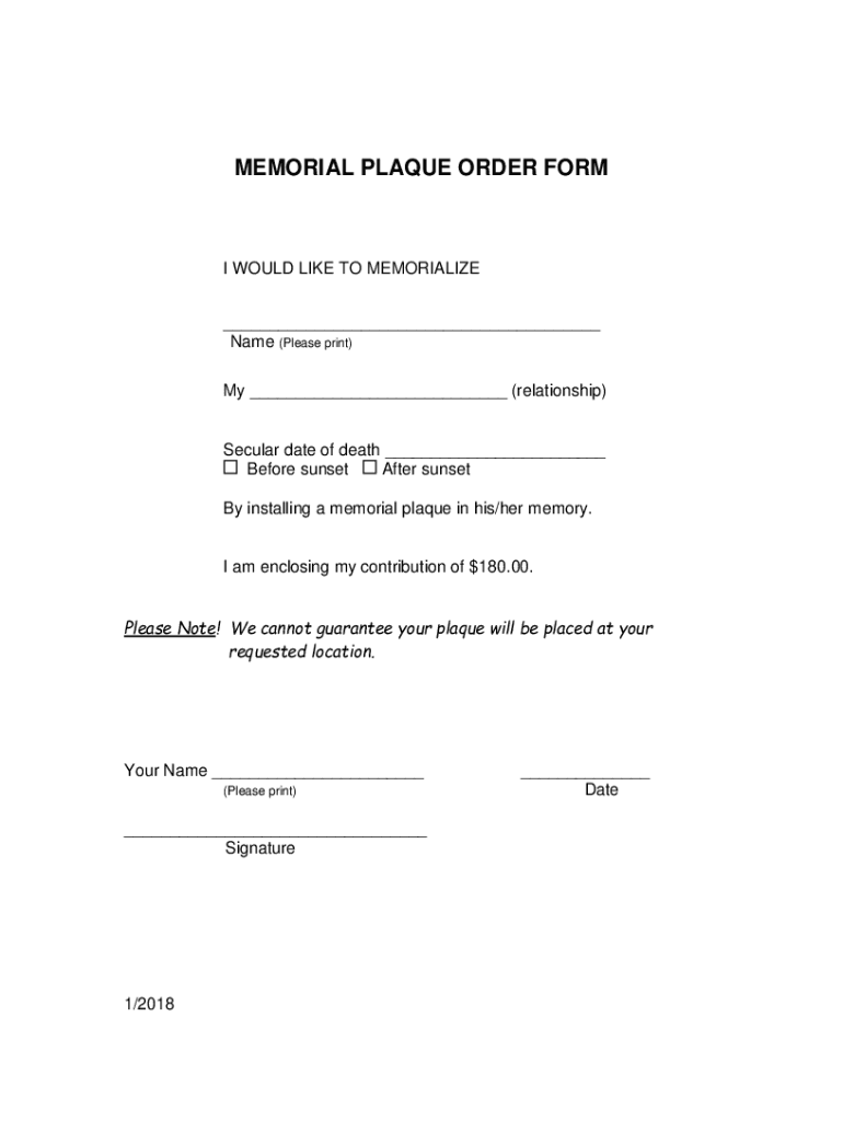 Fillable Online MEMORIAL PLAQUE ORDER FORM Temple Sha'arey Shalom Fax Email Print pdfFiller