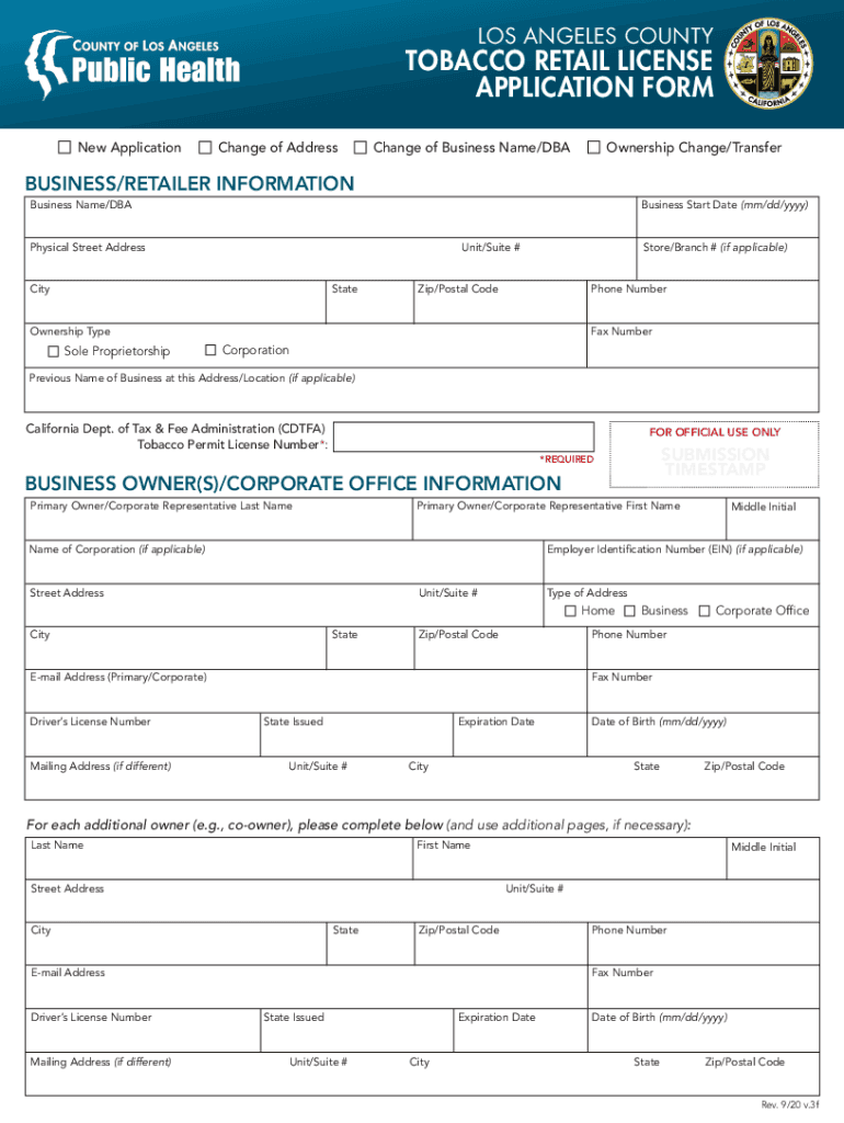 Fillable Online publichealth lacounty LOS ANGELES COUNTY TOBACCO RETAIL
