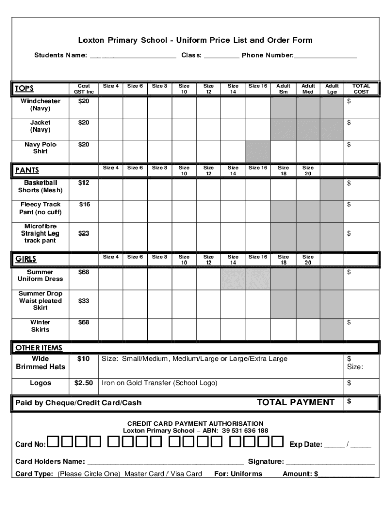 Fillable Online loxtonps sa edu 2007 Uniform Price List and Order Form