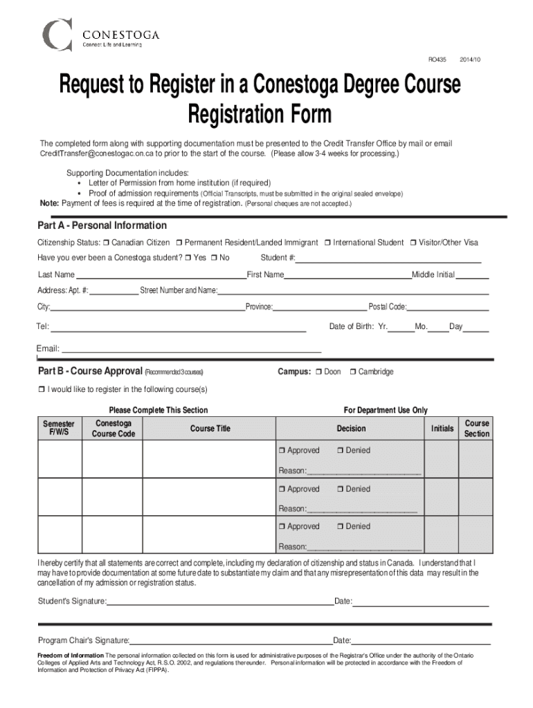 Fillable Online cms conestogac on Request to Register in a Conestoga