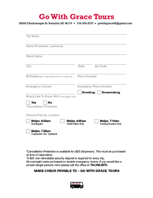 Go With Grace Tours Trip Registration Form