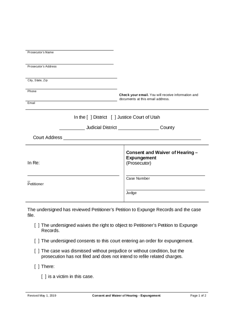 Consent and Waiver of Hearing Expungement (Prosecutor). Consent and