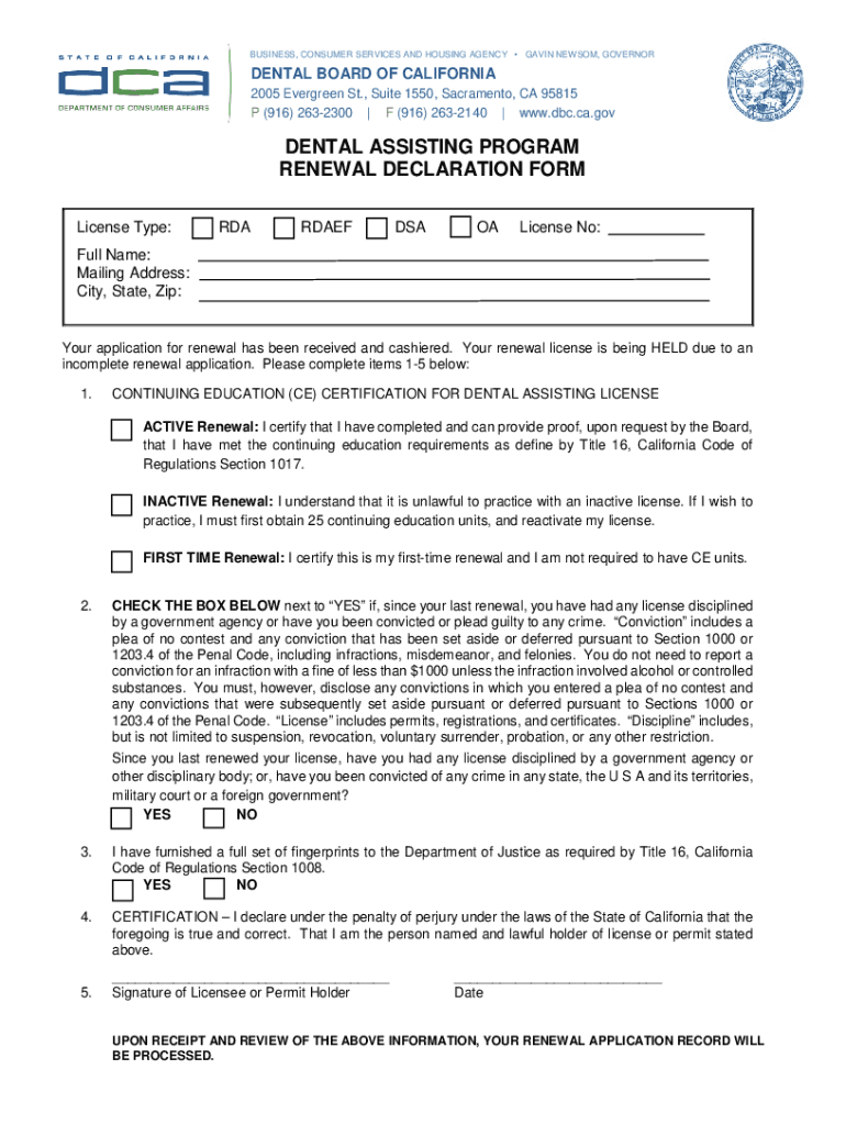 Fillable Online dbc ca Dental Assisting Program Renewal Declaration