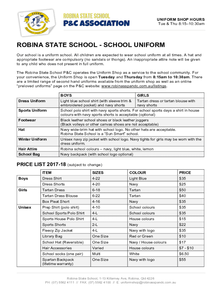 Fillable Online ROBINA STATE SCHOOL SCHOOL UNIFORM Fax Email Print