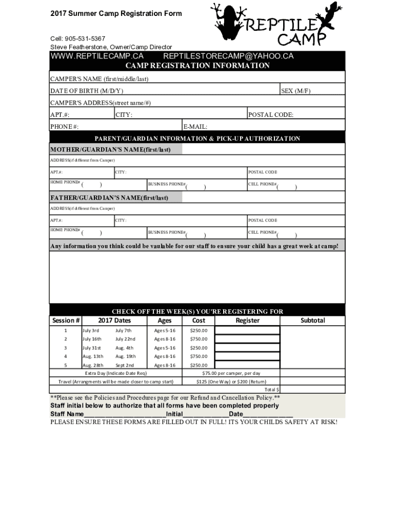 Fillable Online SUMMER CAMP 2017 reg form (1).xls Fax Email Print