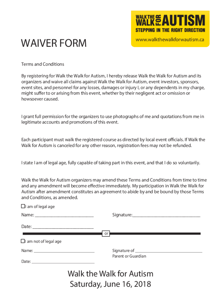 Fillable Online WAIVER FORM - Walk the Walk for Autism Fax Email Print ...