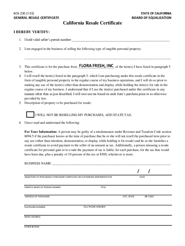 Fillable Online California Resale Certificate Form Pdf 02/2021