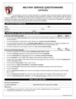 Military Service Questionnaire (Veteran)