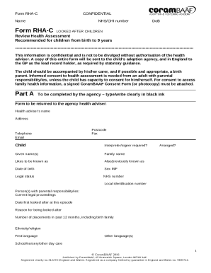 Looked After Children Review Health Assessment Form RHA-C