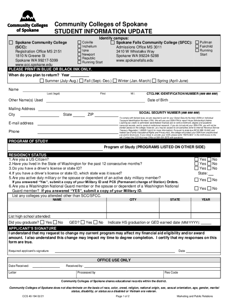 Fillable Online Admissions and Registration Forms Spokane Community