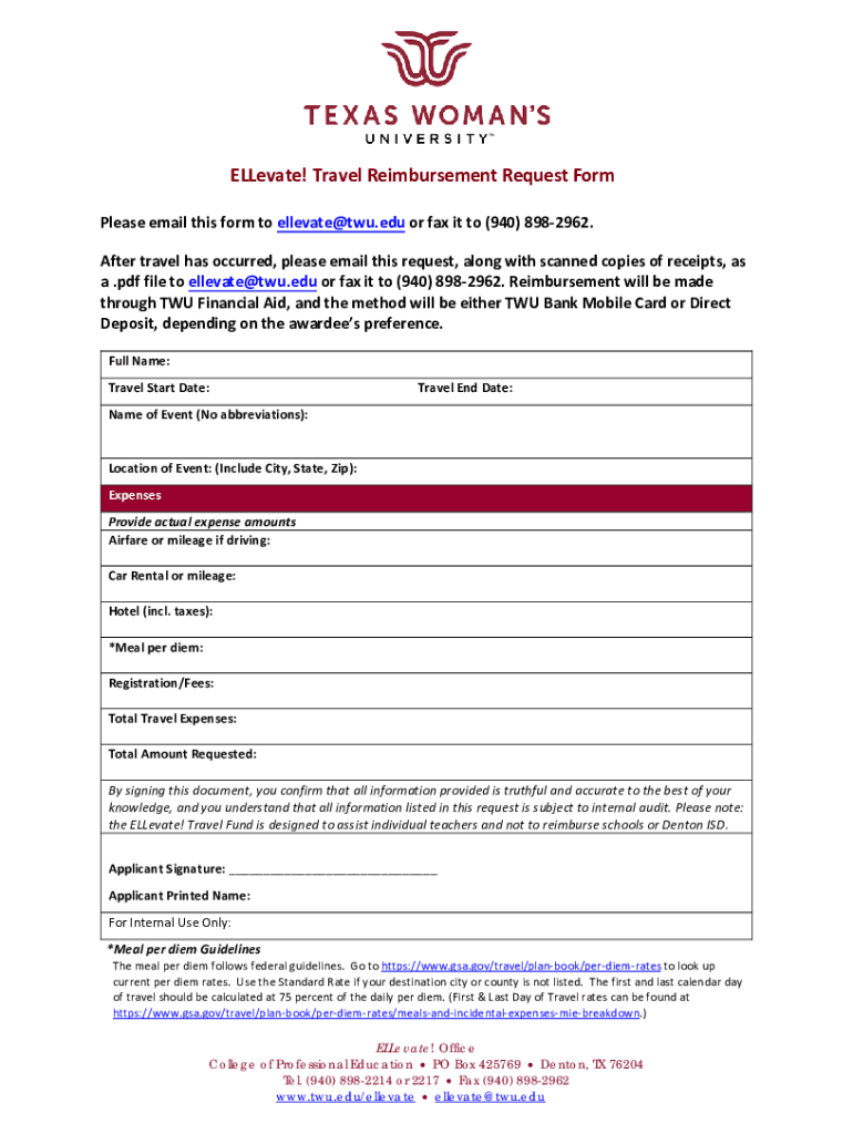 Fillable Online ELLevate! Travel Reimbursement Request Form Fax Email