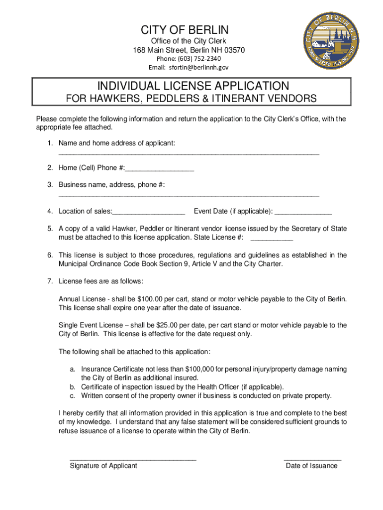 Fillable Online License Application for Hawkers, Peddlers, & Itinerant