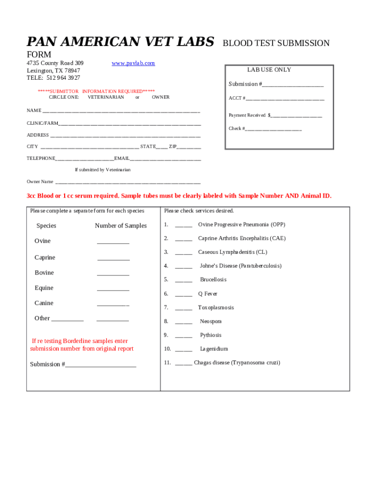 PAN AMERICAN VET LABS SAMPLE SUBMISSION Doc Template