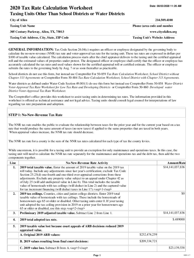 Fillable Online 2020 Tax Rate Calculation Worksheet Date Collin