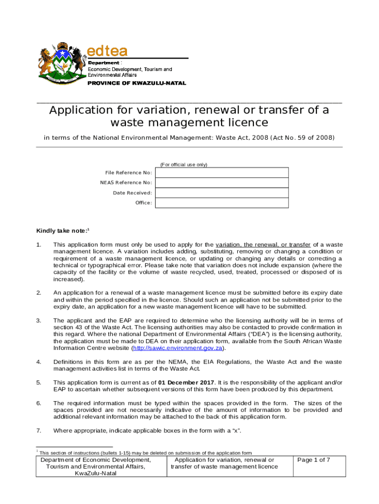 Waste management licence application for variation, renewal or transfer
