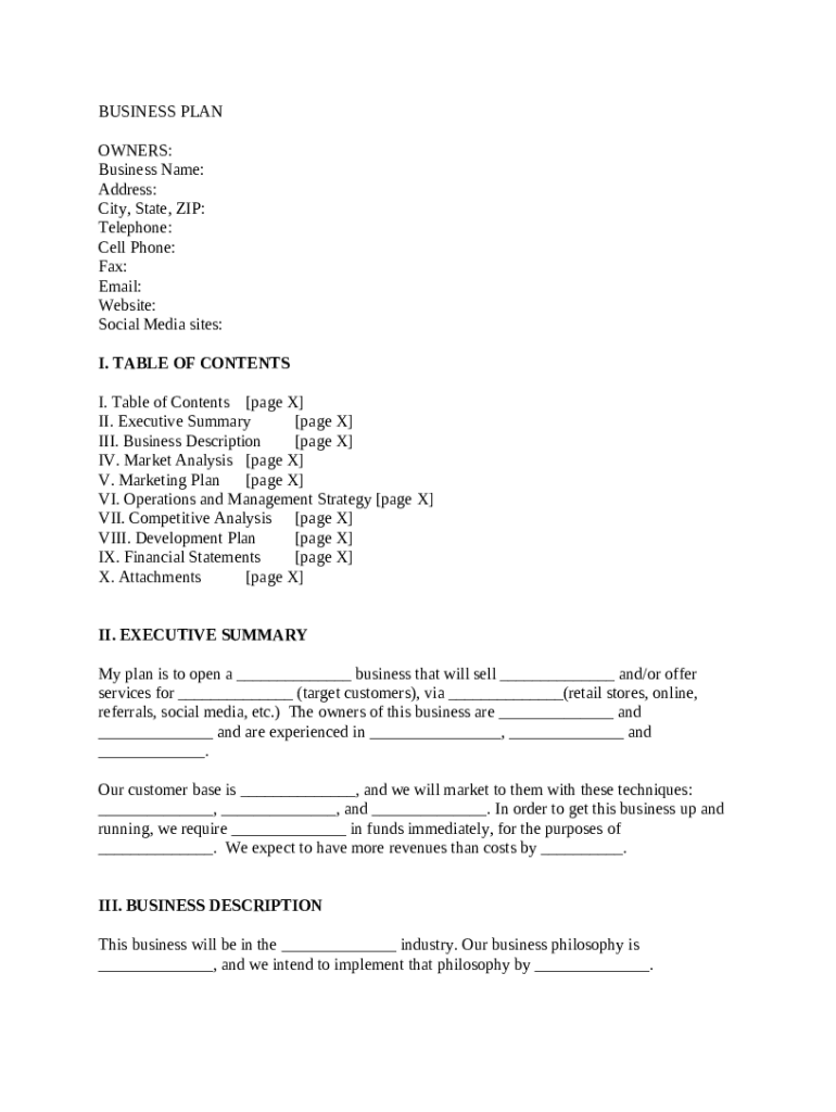 Business Plan Template Fill in the Blanks Business Plan Doc Template