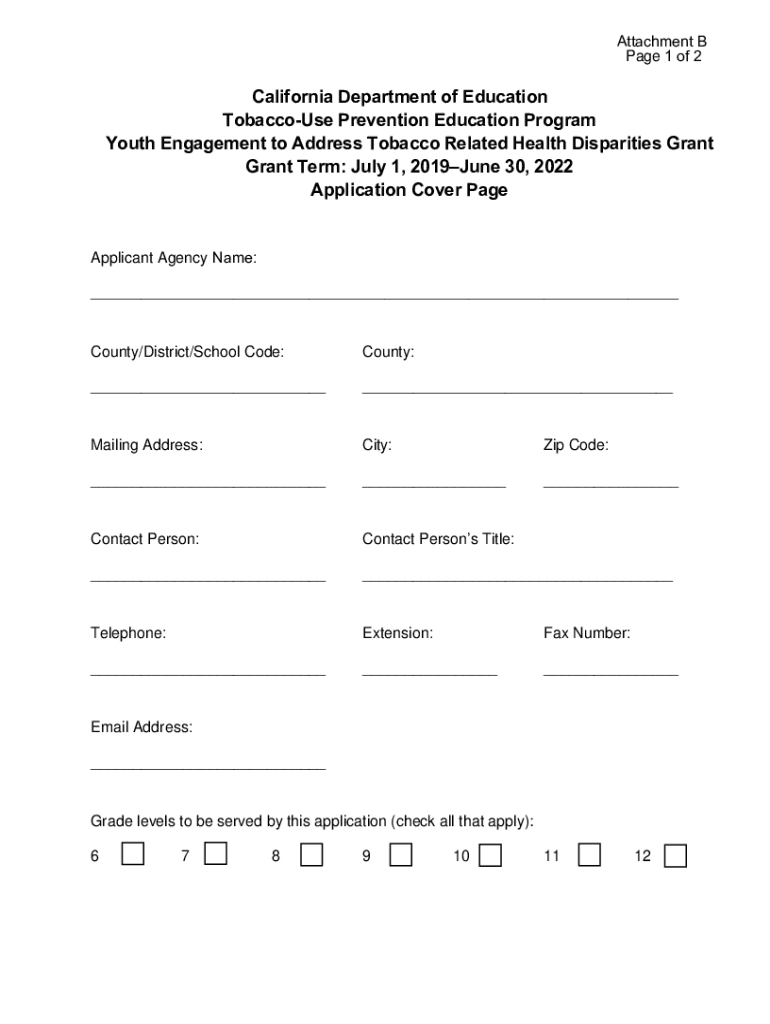 Application Cover Sheet Youth Engagement to Address Tobacco Related Health Disparities Grant Preview on Page 1
