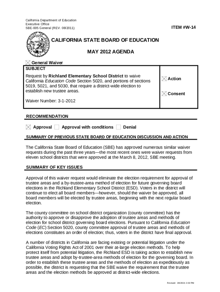Request by Richland Elementary School District to waive California