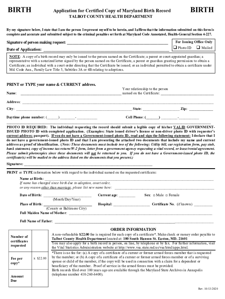 Fillable Online Request Birth Certificates MarylandRequest Birth
