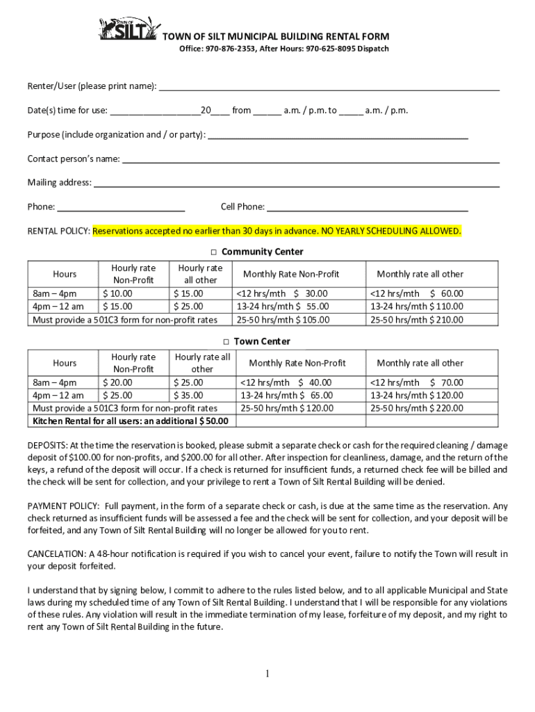 Fillable Online TOWN OF SILT MUNICIPAL BUILDING RENTAL FORM Community
