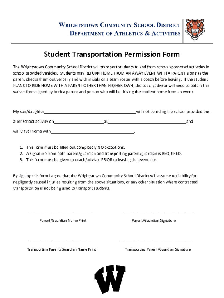 Fillable Online Student Transportation Permission Form - Wrightstown ...