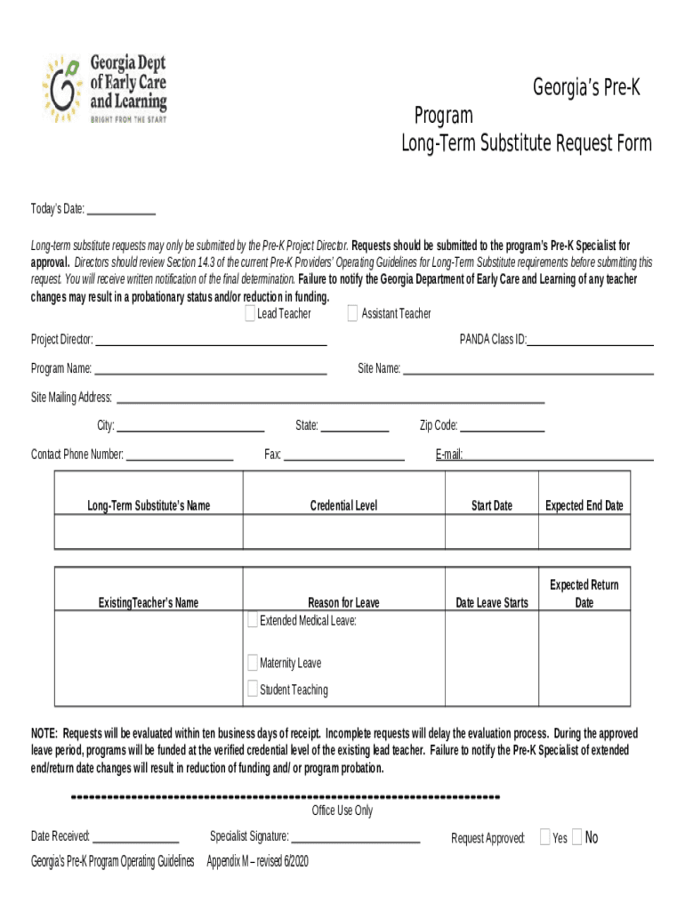 PreK Program LongTerm Substitute Request Doc Template