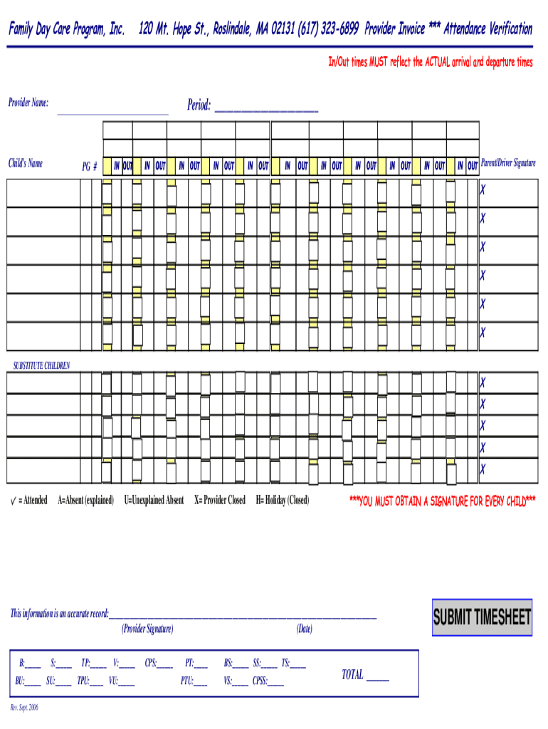 Fillable Online SUBMIT TIMESHEET The Family Day Care Program Fax 